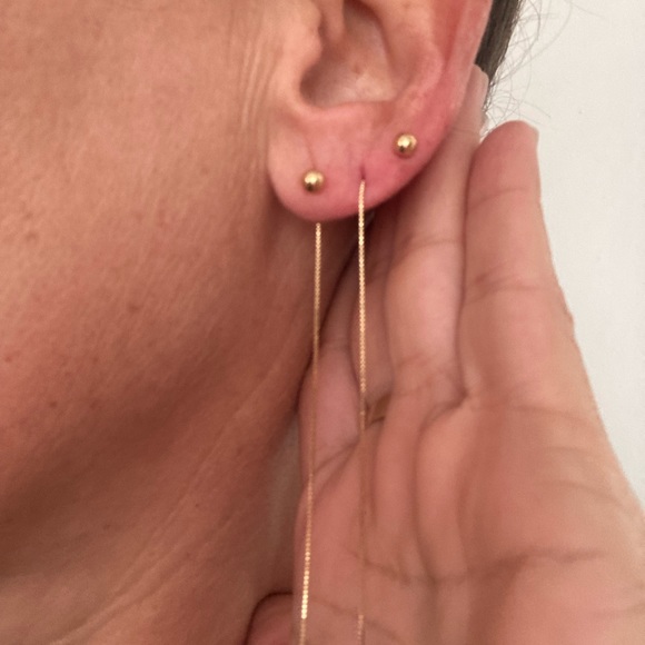 Celebrity Stylist Minimalist Real Solid Gold Long Ball Threader Earrings - Picture 1 of 5